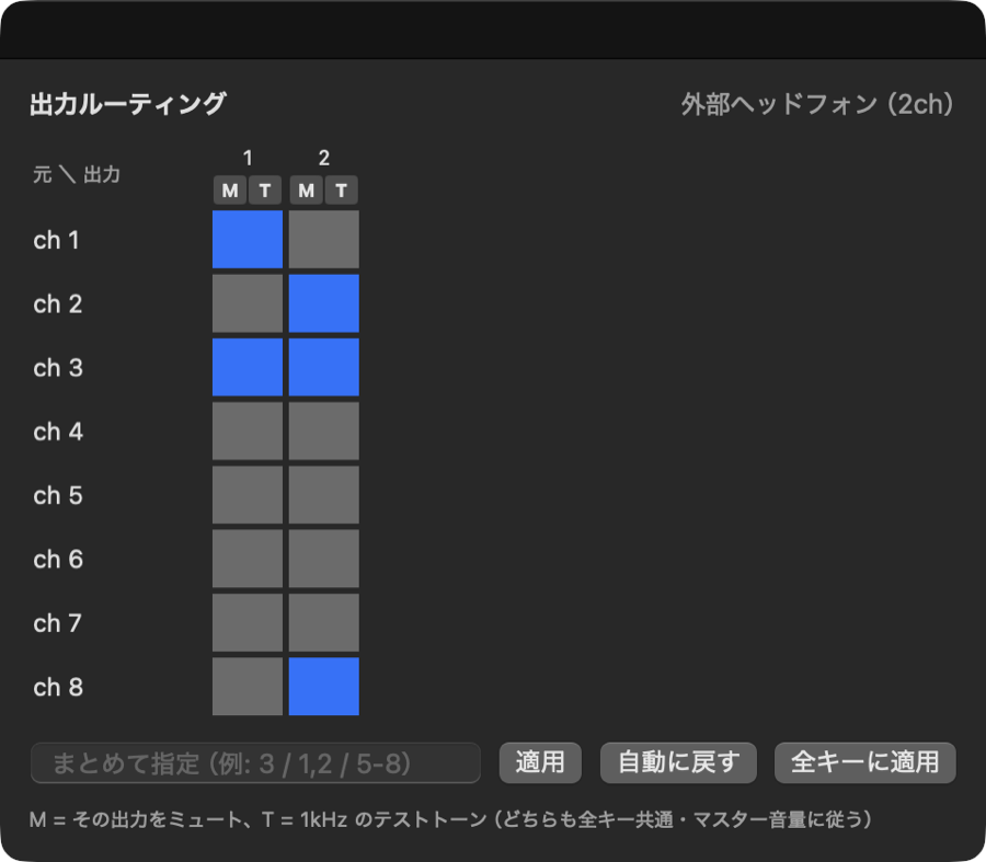 出力ルーティングの表